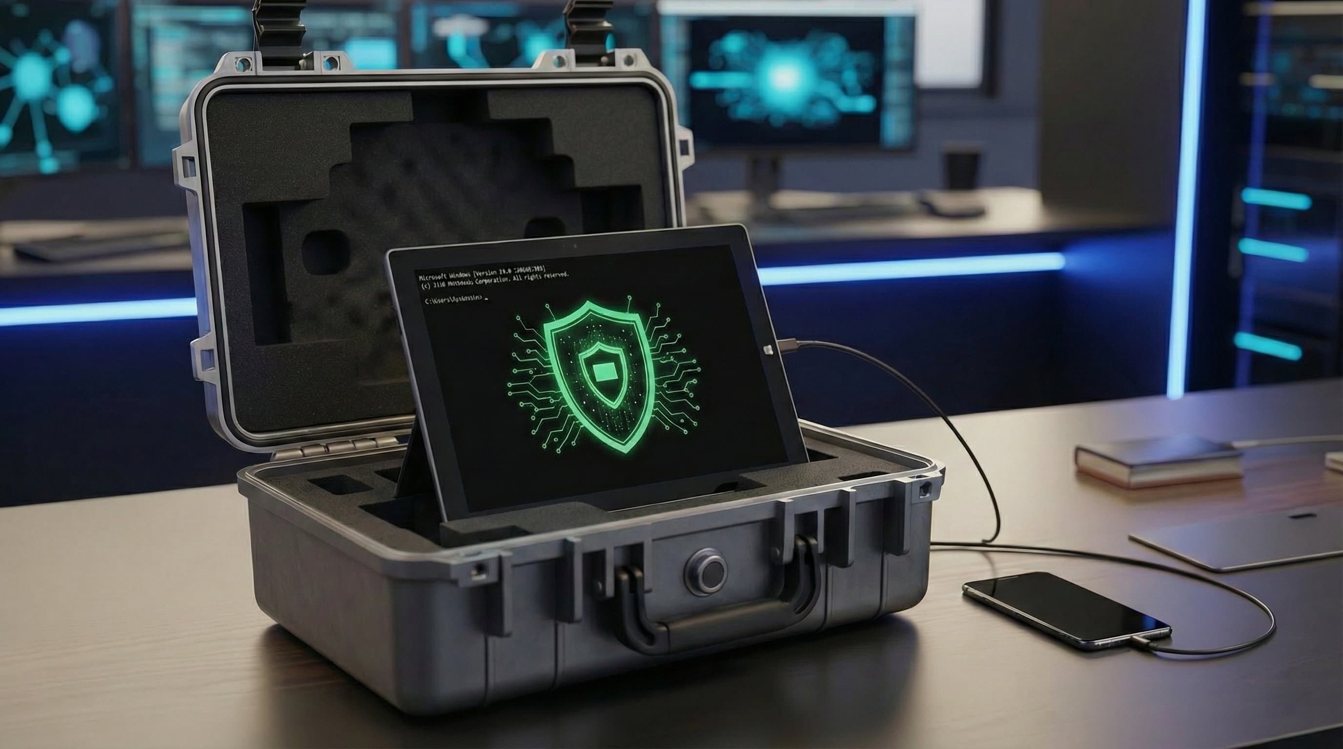 Specialista di Arcadia Company che esegue una bonifica forense di uno smartphone infetto da spyware