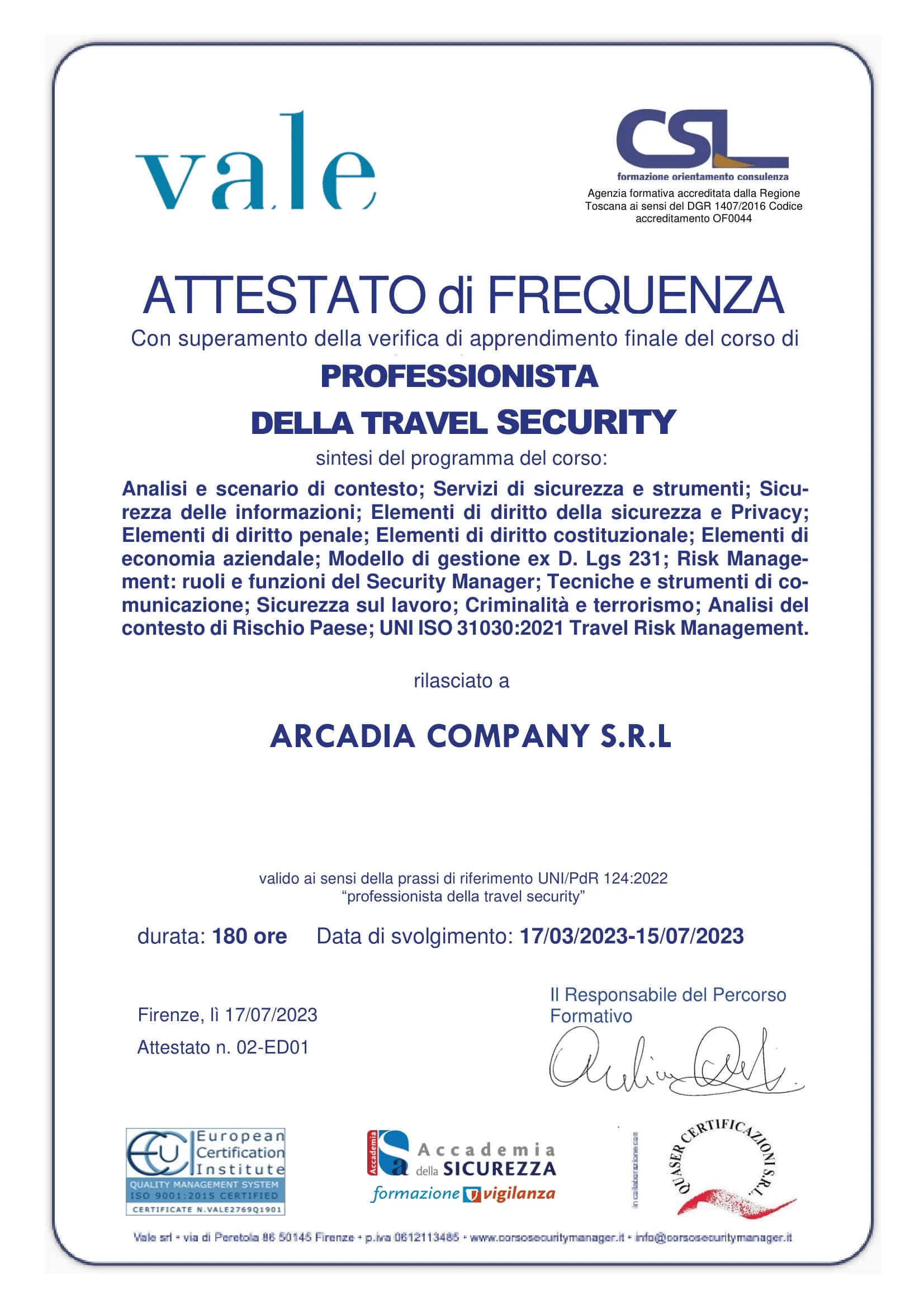 Certificazione UNI EN ISO 9001:2015 — fronte