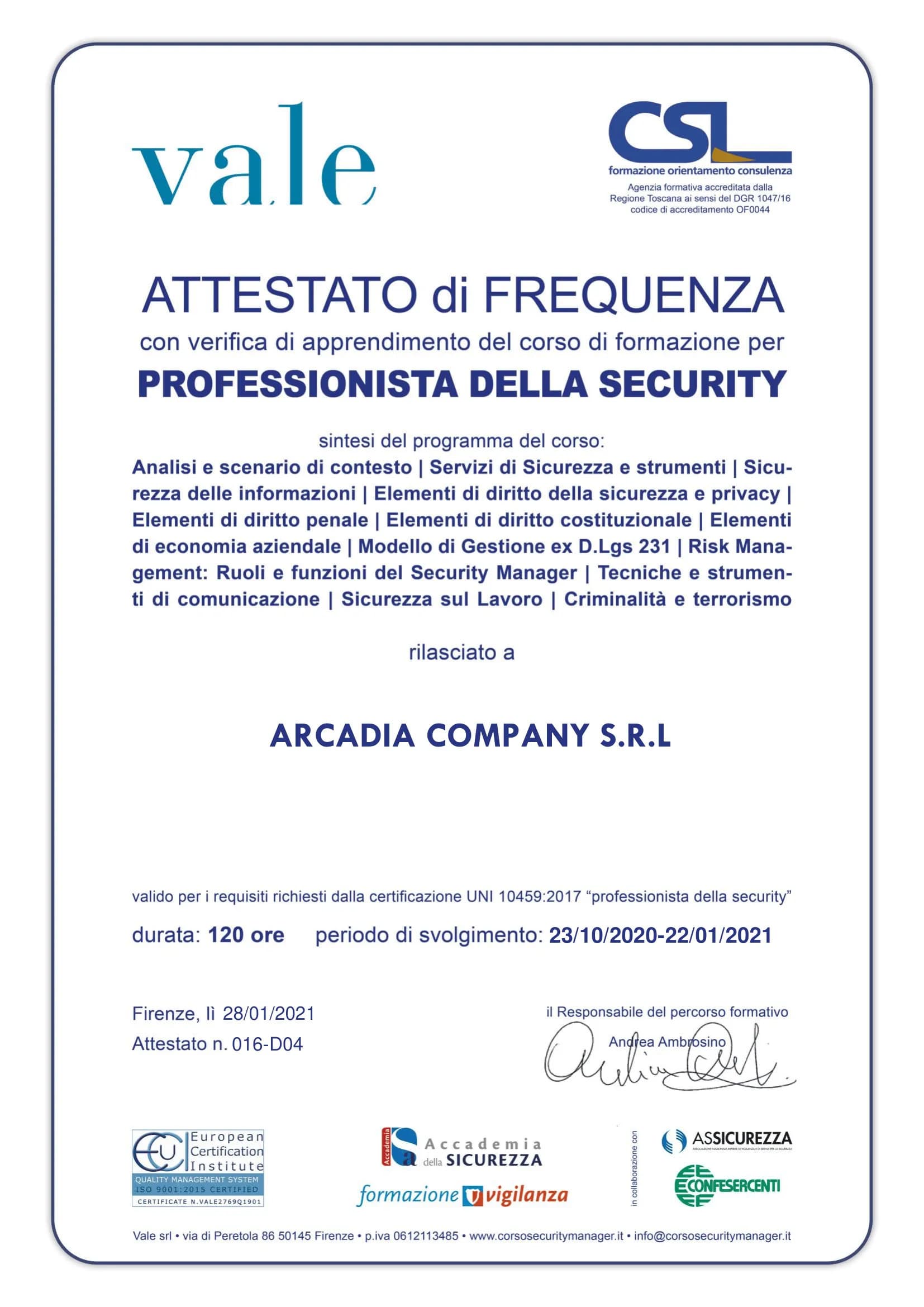 Certificazione UNI EN ISO 9001:2015 — retro