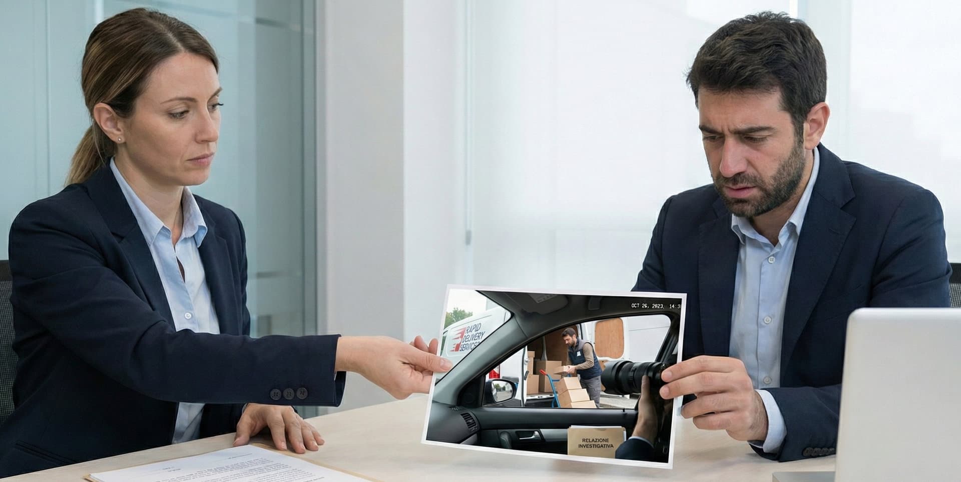 Investigatore privato che documenta un caso di doppio lavoro aziendale