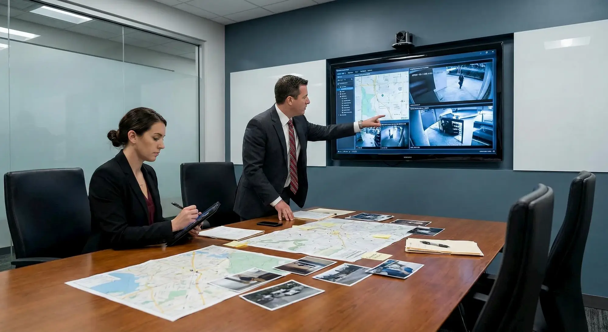 Team di investigatori analizza mappe e filmati di videosorveglianza nella sede operativa di Sesto San Giovanni, fase di strategia e coordinamento delle indagini.