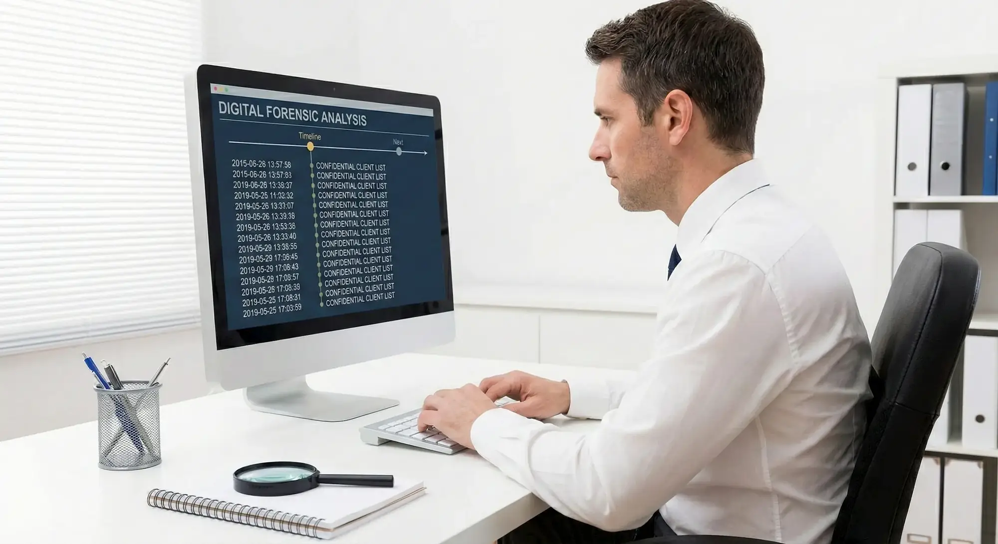 Investigatore esperto in digital forensics analizza i log di accesso per provare il furto di dati aziendali, servizio di business intelligence e recupero prove a Milano Nord.