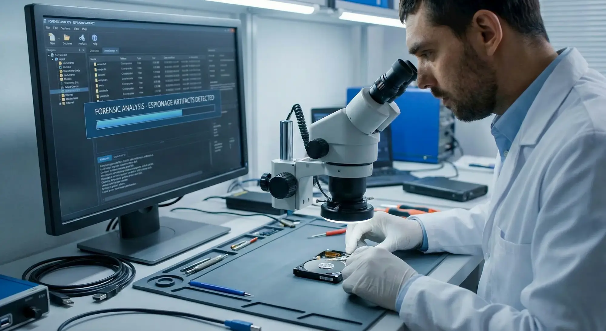 Tecnico specializzato esegue analisi forense su hard disk al microscopio per rilevare tracce di spionaggio industriale e recupero dati, laboratorio investigativo a Sesto San Giovanni.