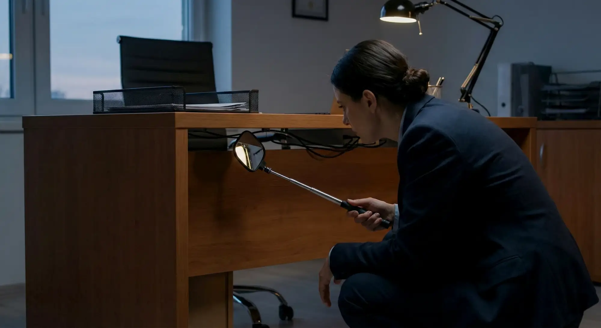 Investigatore privato esegue un'ispezione visiva sotto una scrivania con specchietto tattico per individuare microspie nascoste in ufficio.