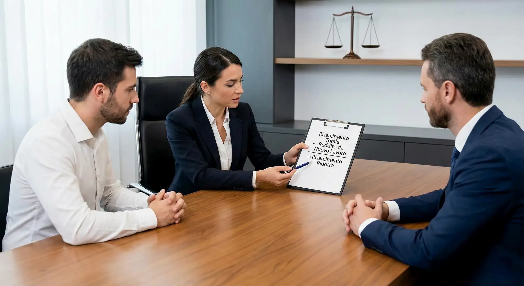 Consulenza legale che illustra il calcolo dell'aliunde perceptum: sottrazione del reddito da nuovo lavoro dal risarcimento totale dovuto, servizio per aziende a Milano Nord.