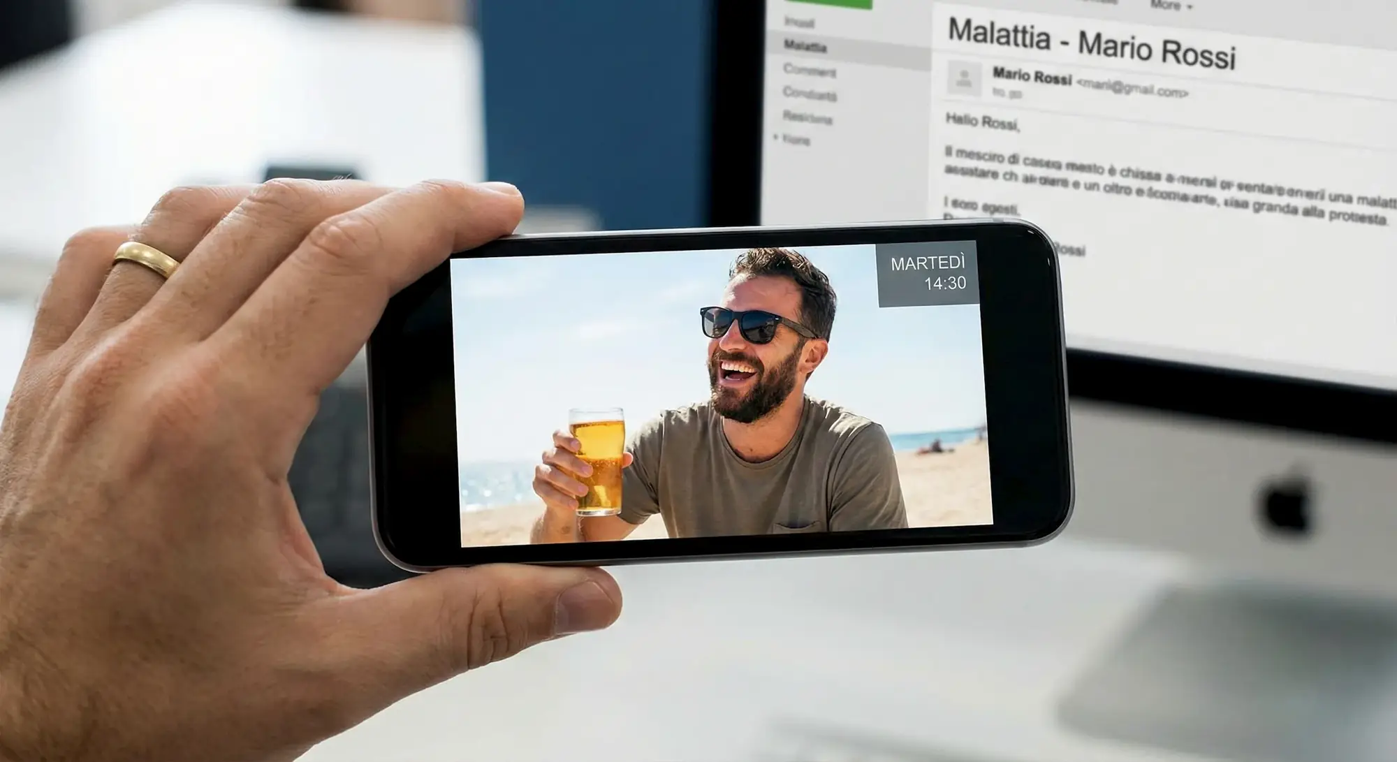 Smartphone in primo piano mostra foto di dipendente in vacanza mentre sullo sfondo c'è l'email di richiesta malattia, prova schiacciante per indagini su assenteismo a Sesto San Giovanni.