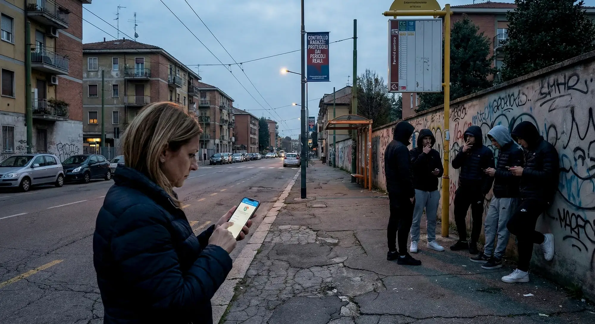 Genitore al computer utilizza software di parental control mentre il figlio adolescente naviga sullo smartphone, prevenzione rischi online e monitoraggio attività digitale minori.