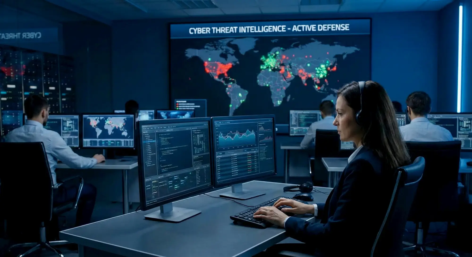 Centro operativo di Cyber Threat Intelligence con analisti che monitorano attacchi informatici in tempo reale su mappa globale, servizi di difesa attiva e protezione dati per aziende a Milano Nord.