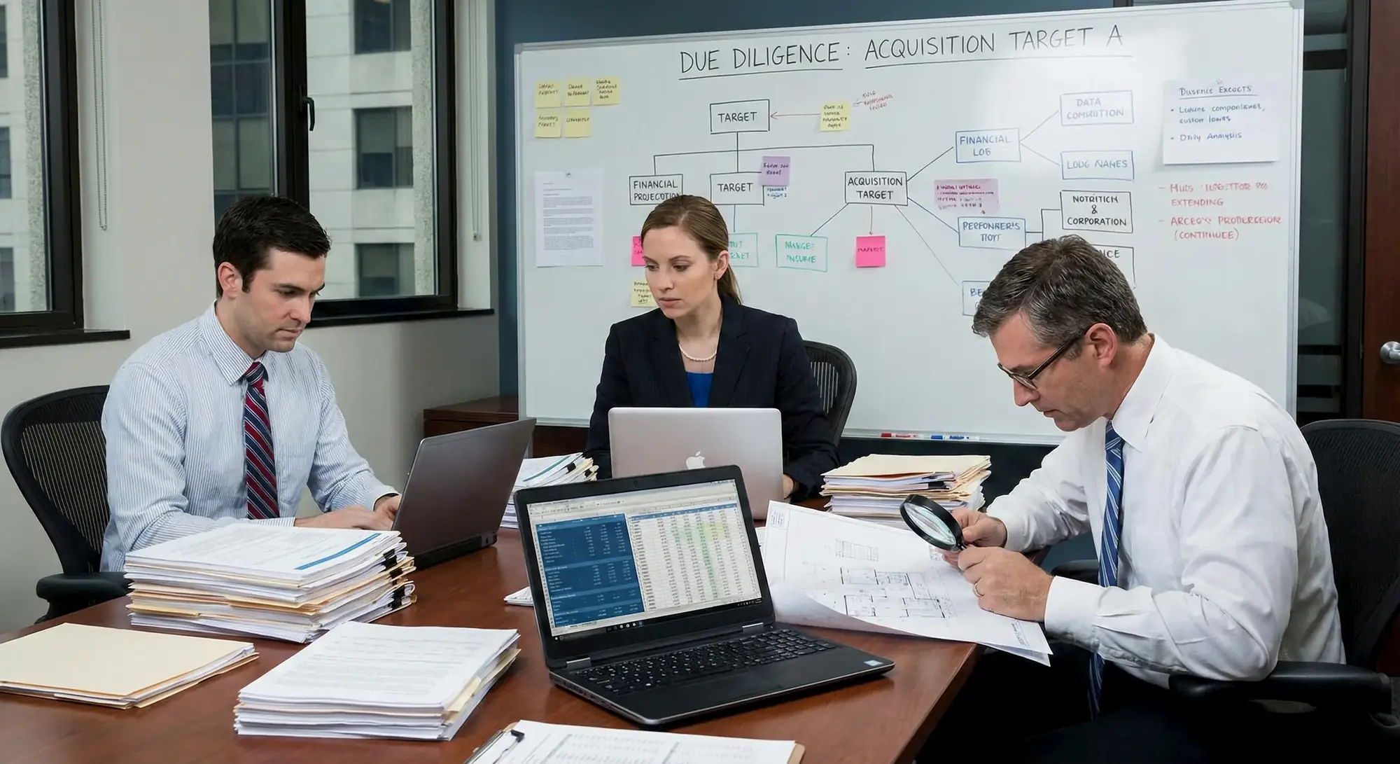 Team di analisti e investigatori esegue due diligence investigativa verificando bilanci e rischi prima di un'acquisizione societaria a Sesto San Giovanni.