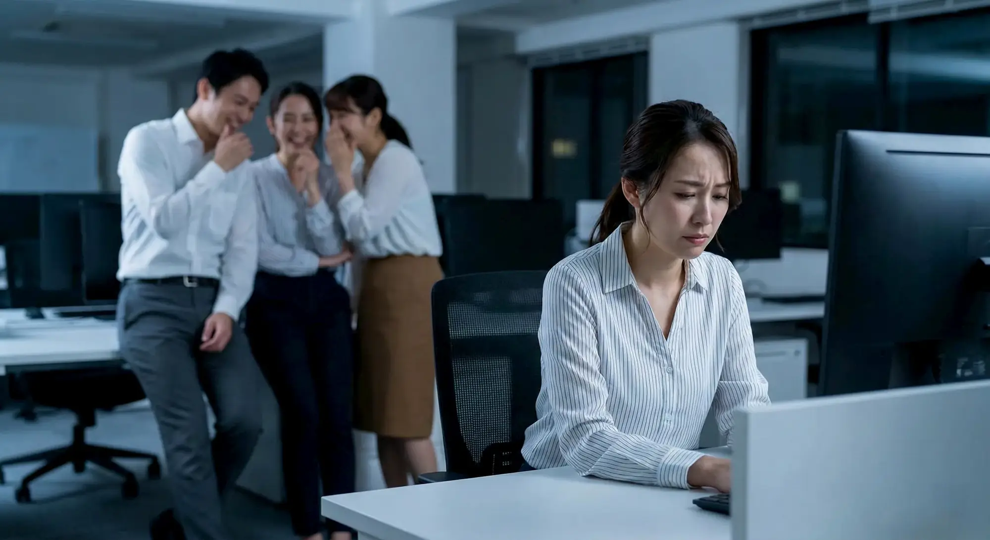 Impiegata isolata e derisa dai colleghi in ufficio, rappresentazione di un clima aziendale tossico che richiede indagini professionali per tutela del lavoratore in zona Milano Nord.