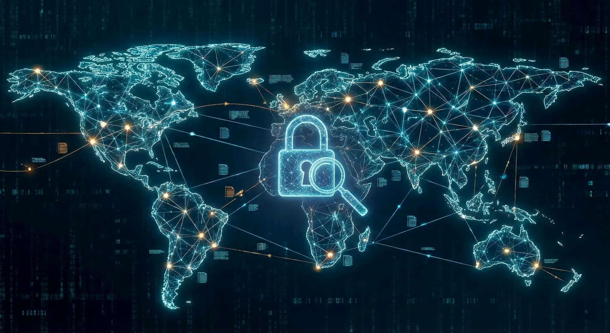 Rappresentazione grafica di una rete globale protetta da lucchetto e lente d'ingrandimento, simbolo di indagini OSINT e Digital Intelligence per la sicurezza dei dati aziendali a Sesto San Giovanni.