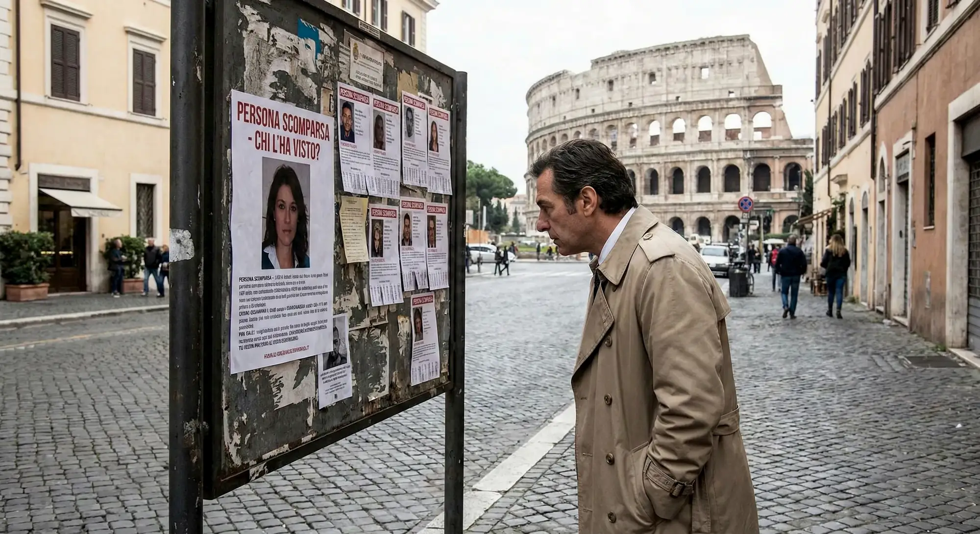 Investigatore esamina volantini in una bacheca per persone scomparse, attività di indagine su campo per rintraccio familiari o debitori irreperibili gestita da agenzia di Milano Nord.
