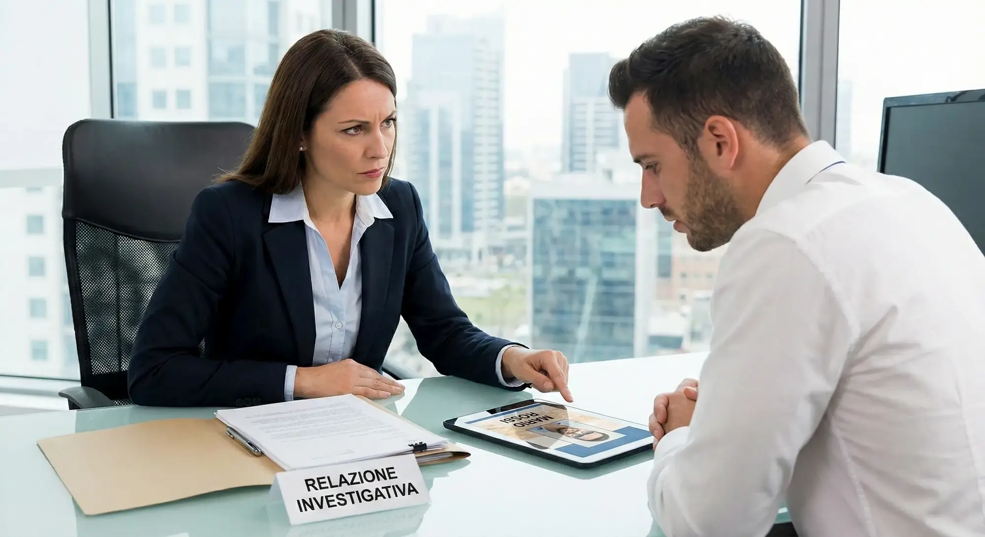 Responsabile HR contesta la falsa malattia al dipendente mostrando la relazione investigativa e le prove fotografiche raccolte, procedura per licenziamento disciplinare a Milano Nord.