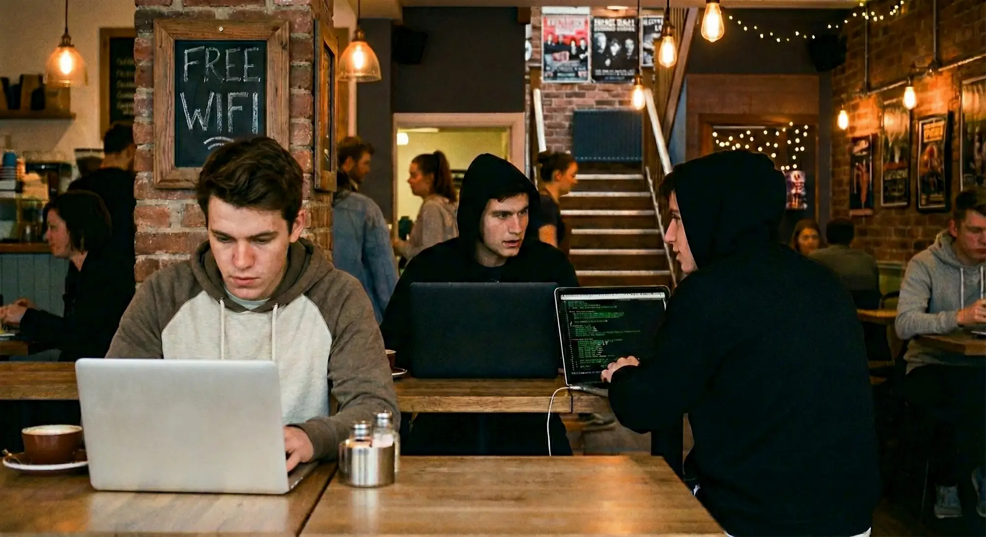 Rappresentazione di un attacco informatico in luogo pubblico: hacker tenta di sottrarre dati riservati da un computer portatile vulnerabile.