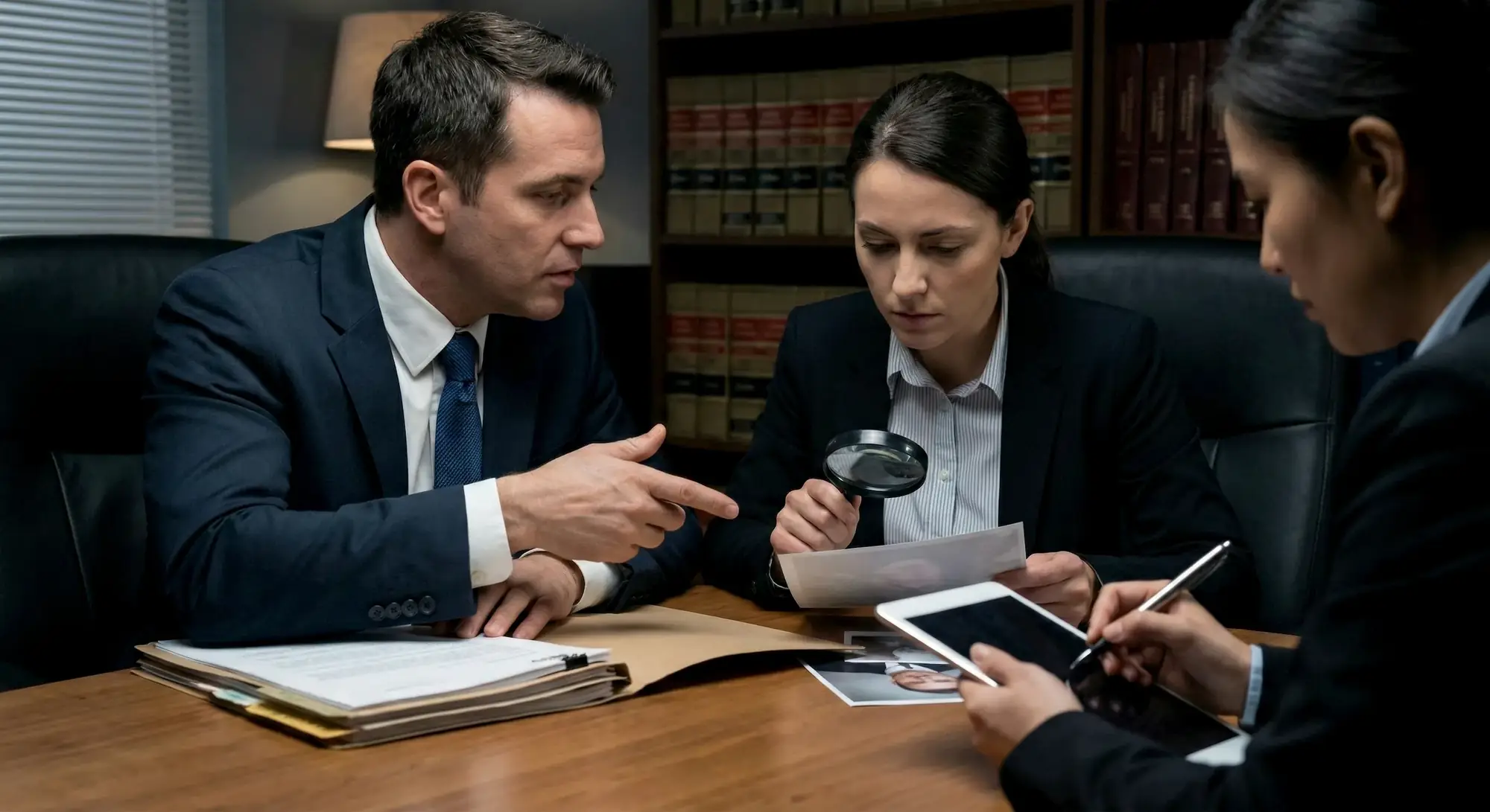 Team di investigatori analizza meticolosamente documenti e foto con l'ausilio di lente d'ingrandimento e tablet per eseguire un background check approfondito e verificare la reputazione del soggetto.