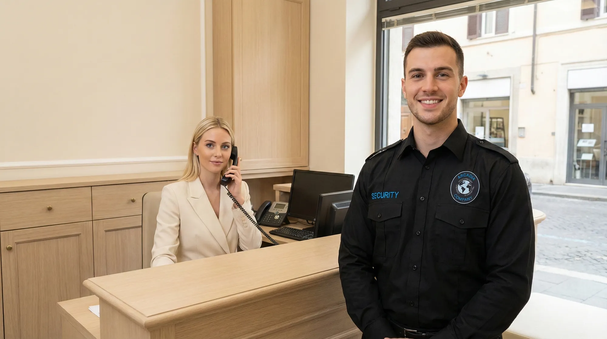 Personale addetto ai servizi fiduciari: un addetto alla sicurezza in primo piano e una receptionist al desk di accoglienza mentre risponde al telefono.