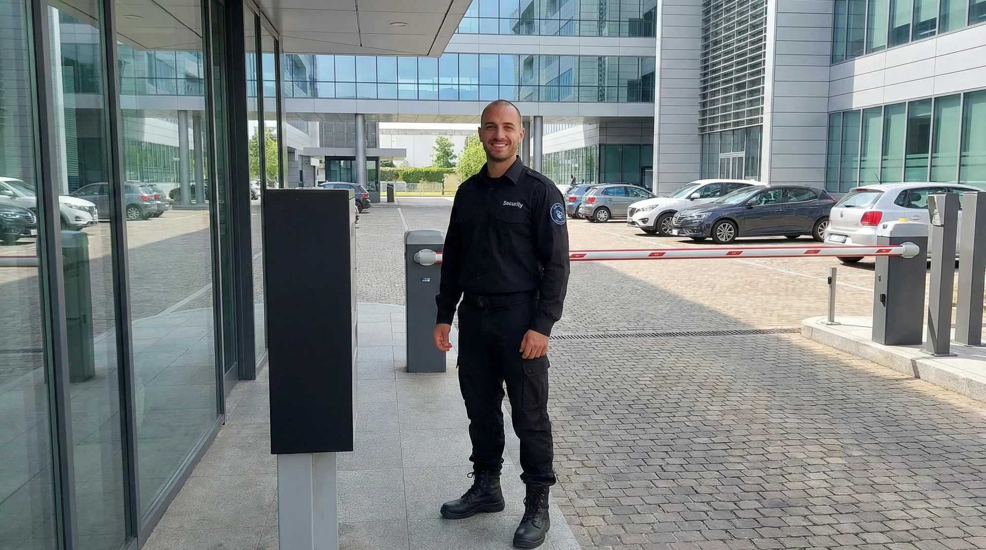 Addetto alla sicurezza in uniforme davanti all'ingresso di un centro direzionale con parcheggio aziendale e sbarra di controllo accessi.